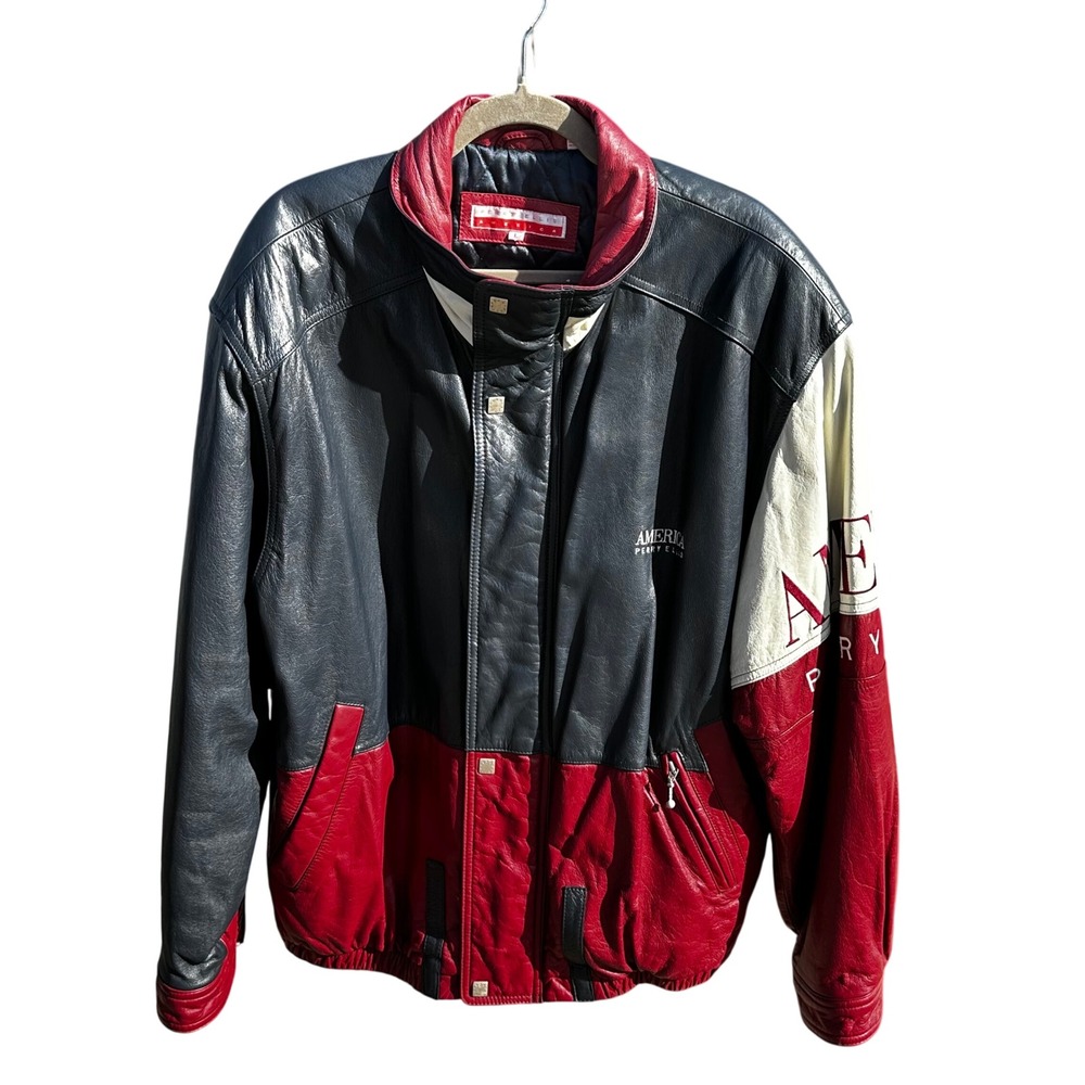 Perry Ellis America Leather Colorblock Bomber Jacket Men's‎ Size L